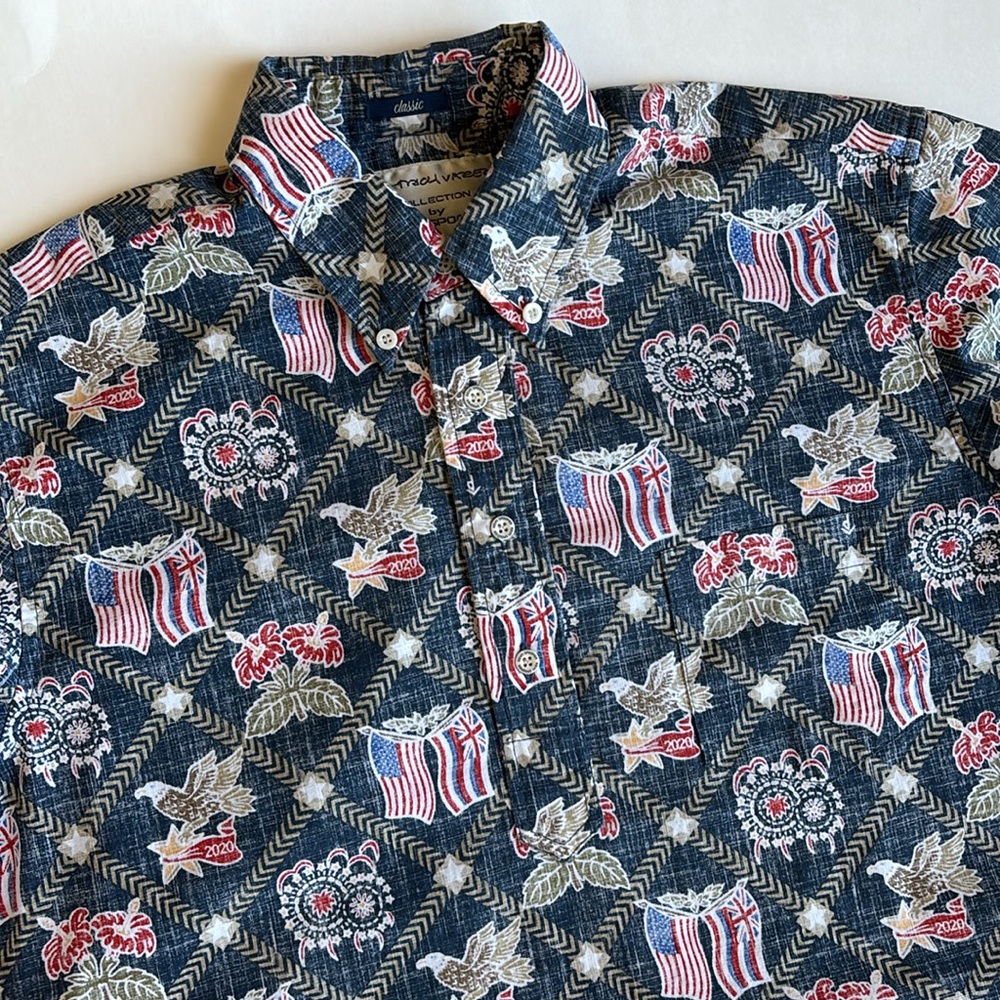 Reyn Spooner Dietrich Varez Blue USA American Flag Pullover Hawaiian Shirt Small